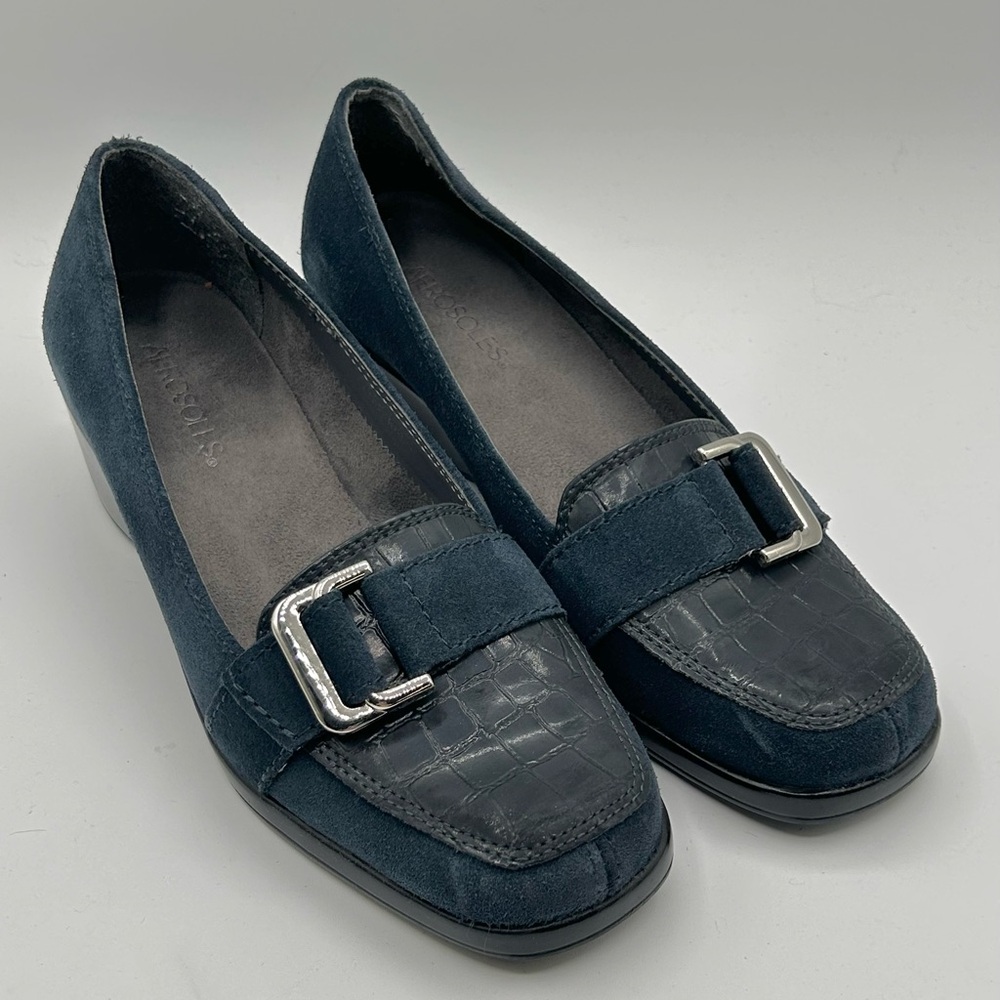 AEROSOLES Temptress Slip On Wedge Loafers Blue Croc Leather Buckle Women’s 8.5